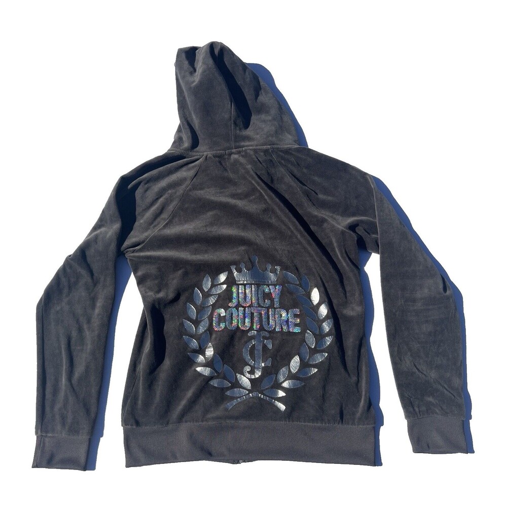 Juicy Couture VIntage Velour Gray Zip Hoodie Women’s Size M Logo Back Print Y2K
